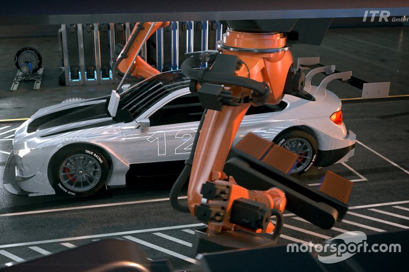 De banden en accu van de wagen moet met een industriële robot verwisseld worden.