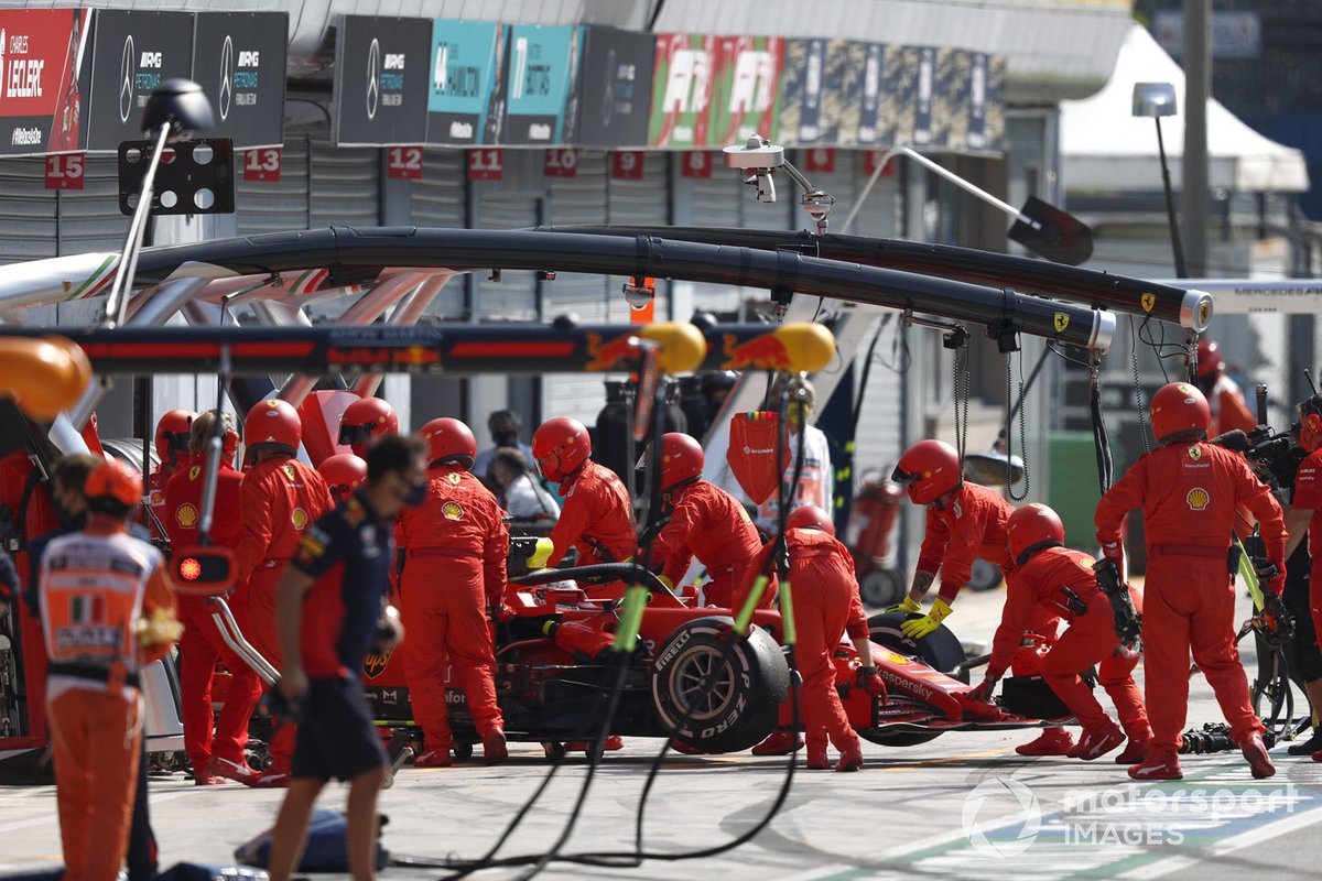 Sebastian Vettel, Ferrari SF1000, is retired to the garage