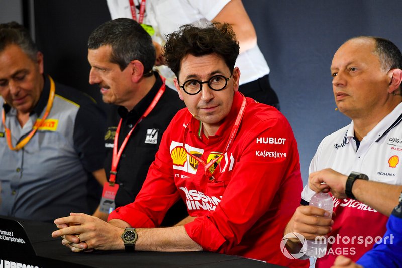 Guenther Steiner, Team Principal, Haas F1, Mattia Binotto, Team Principal Ferrari, and Frederic Vasseur, Team Principal, Alfa Romeo Racing, in the team principals Press Conference