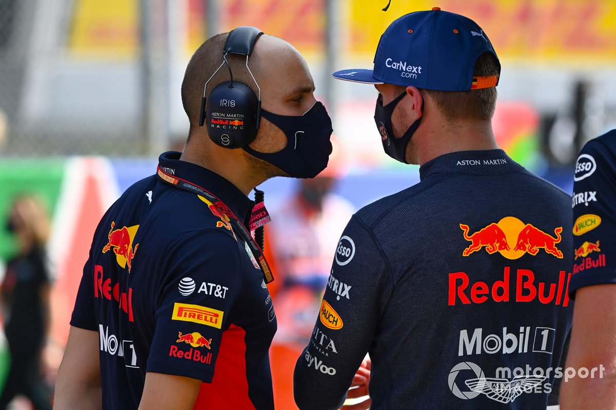 Max Verstappen, Red Bull Racing, talks to his engineer