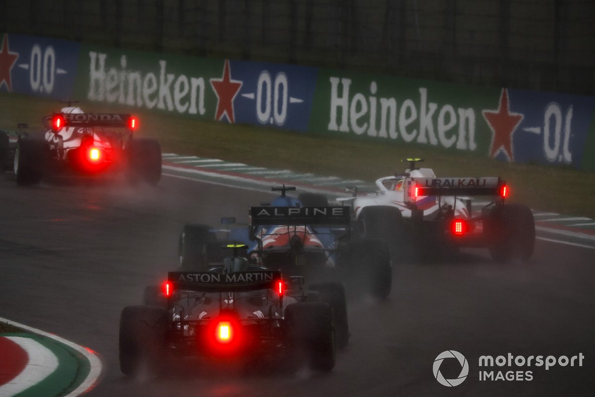 Yuki Tsunoda, AlphaTauri AT02, Mick Schumacher, Haas VF-21, Fernando Alonso, Alpine A521, and Sebastian Vettel, Aston Martin AMR21