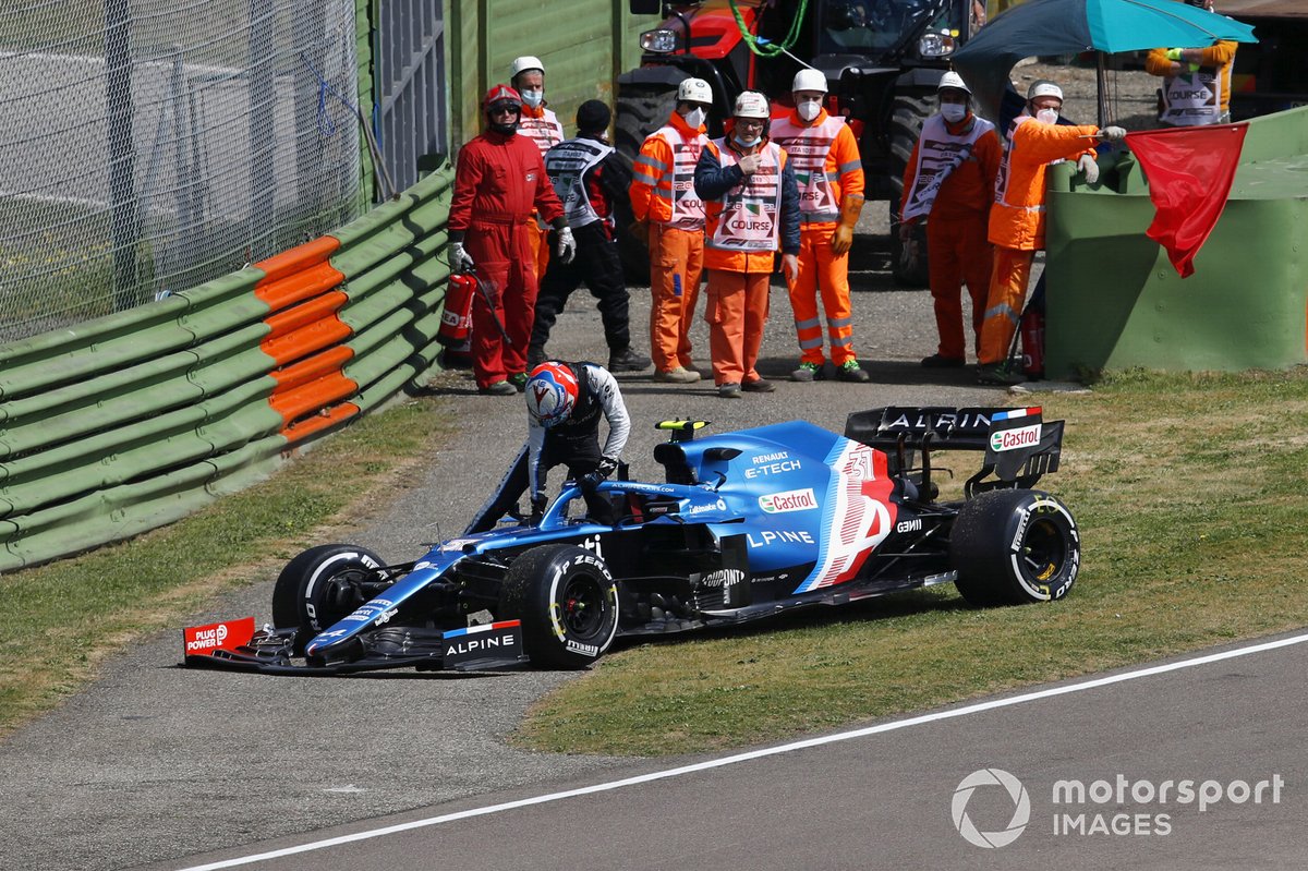 Esteban Ocon, Alpine A521, gets out of his car after stopping