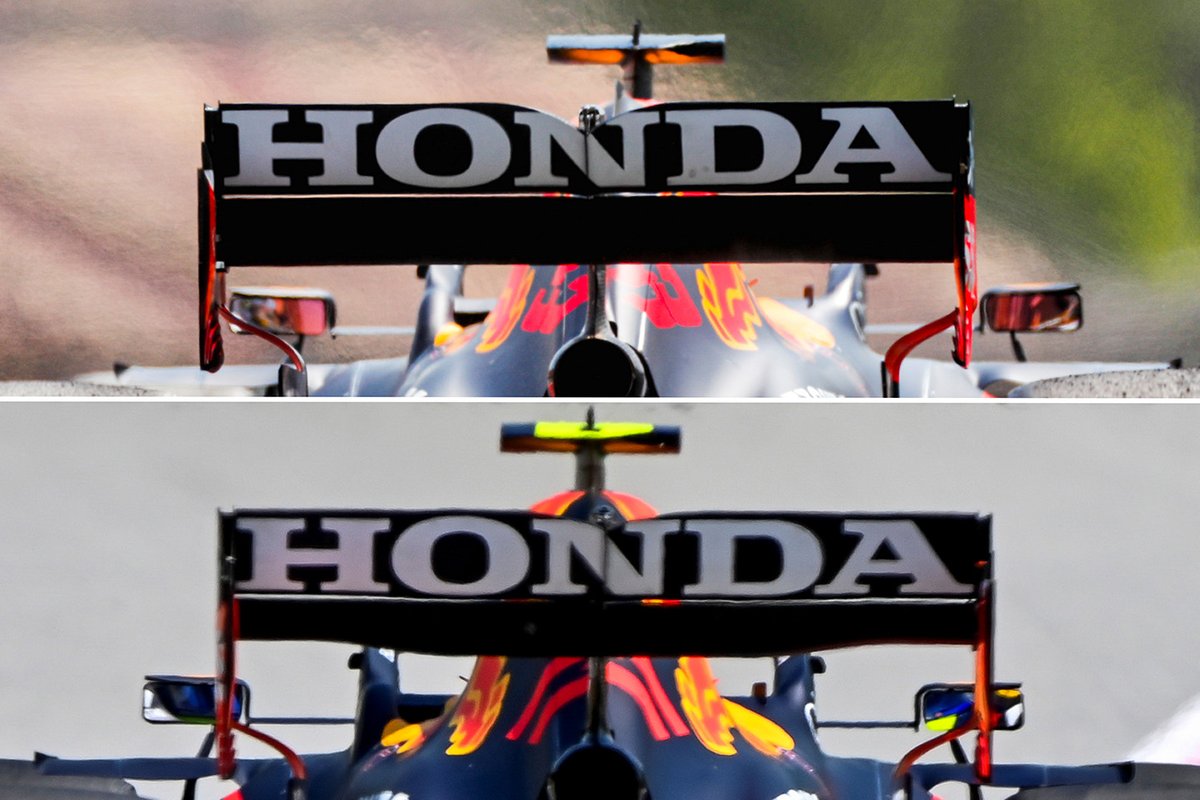 Red Bull RB16B: a confronto l'ala posteriore standard, sopra, con quella a cucchiaio vista a Barcellona, sotto