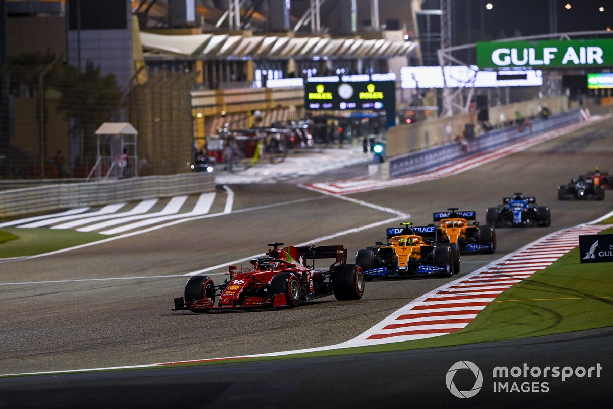Charles Leclerc, Ferrari SF21, Lando Norris, McLaren MCL35M, Daniel Ricciardo, McLaren MCL35M, and Fernando Alonso, Alpine A521