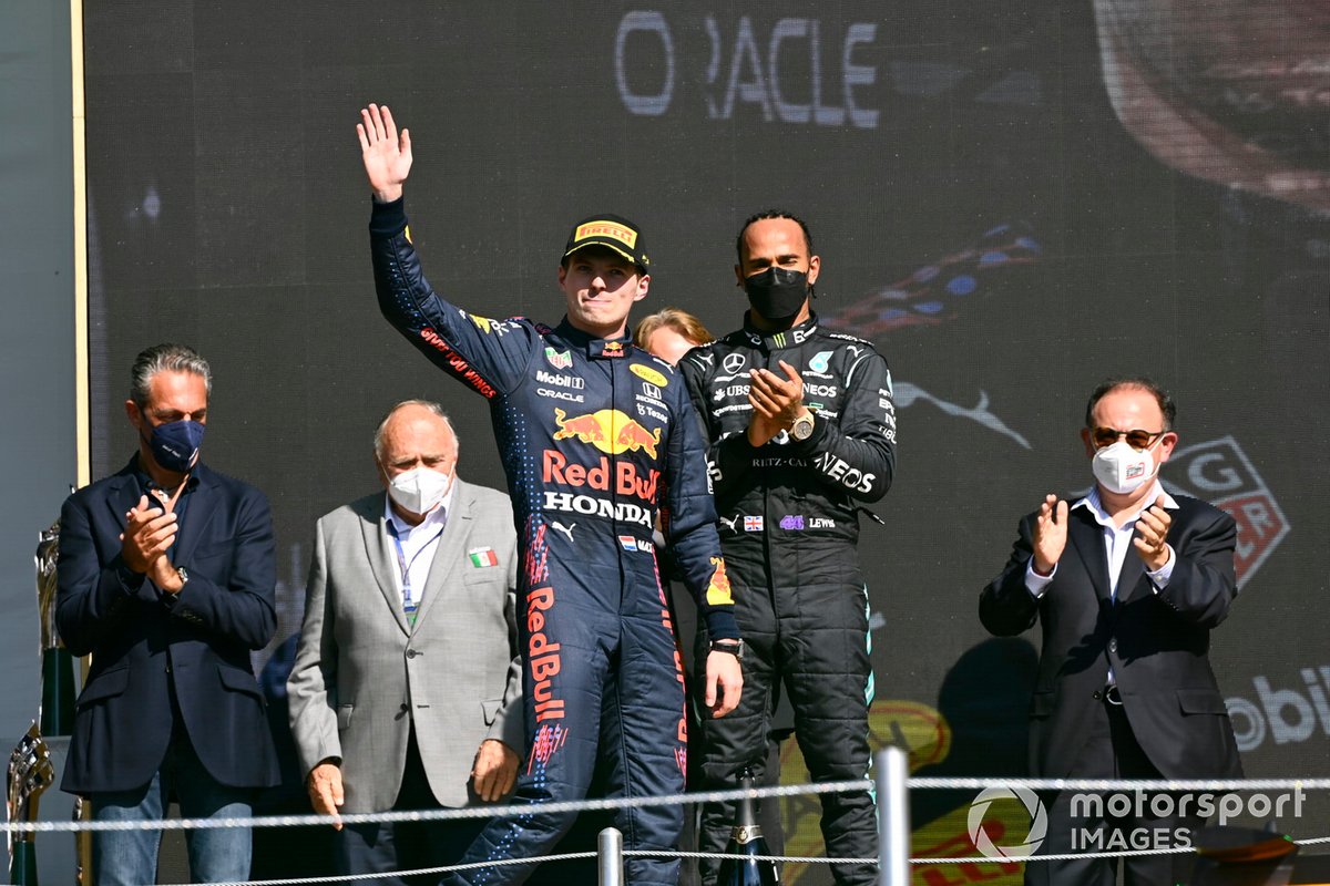 Max Verstappen, Red Bull Racing, 1st position, arrives on the podium