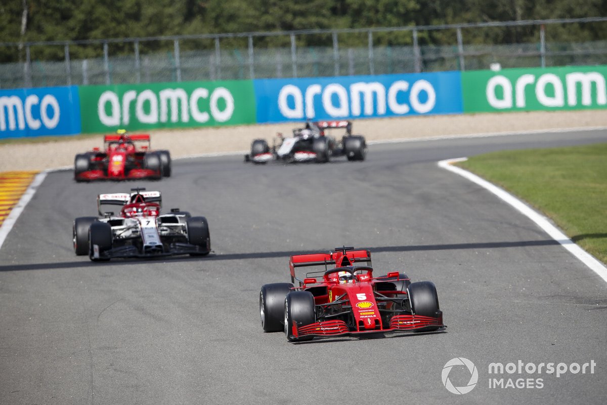 Sebastian Vettel, Ferrari SF1000, Kimi Raikkonen, Alfa Romeo Racing C39, Charles Leclerc, Ferrari SF1000, and Romain Grosjean, Haas VF-20