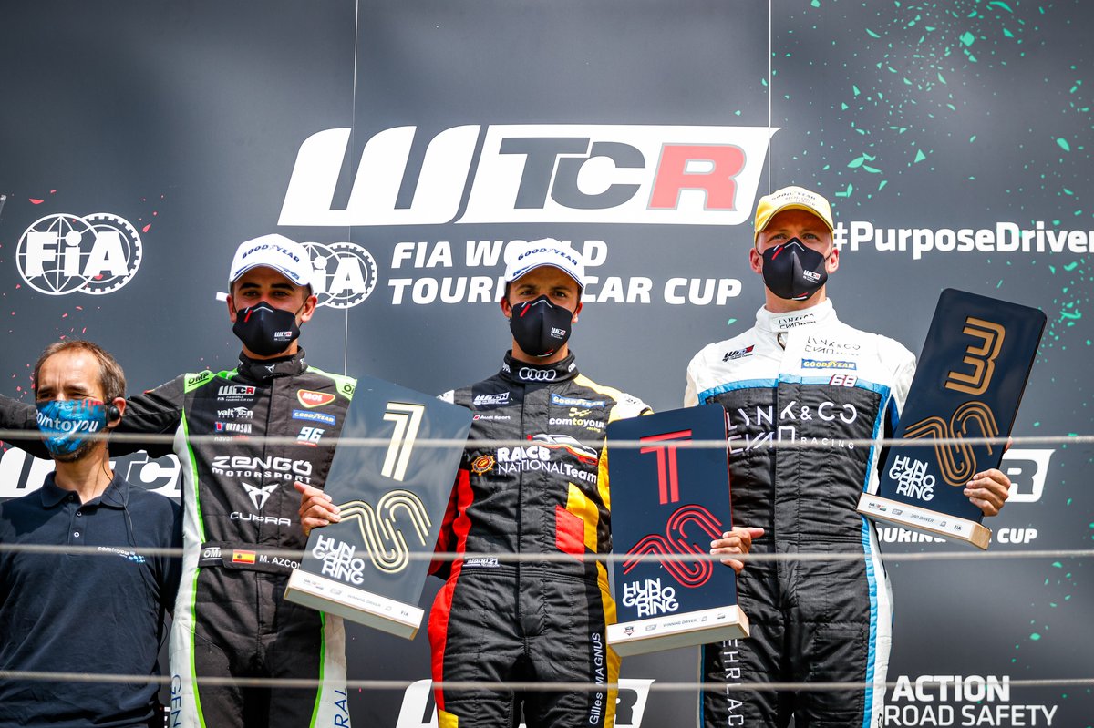 Podium: Race winner Gilles Magnus, Comtoyou Team Audi Sport Audi RS 3 LMS, second place Mikel Azcona, Zengo Motorsport CUPRA Leon Competición, third place Yann Ehrlacher, Cyan Racing Lynk & Co Lynk & Co 03 TCR