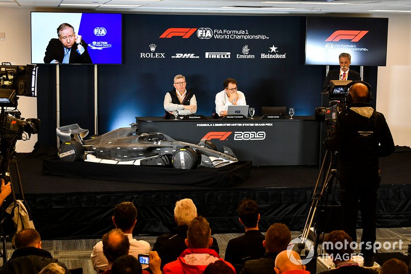 The 2021 Formula 1 technical regulations are announced. Jean Todt, President, FIA, Ross Brawn, Managing Director of Motorsports, FOM, Nikolas Tombazis and Chase Carey, Chairman, Formula 1