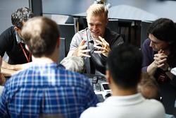 Kevin Magnussen, Haas F1 Team, is interviewed by the media
