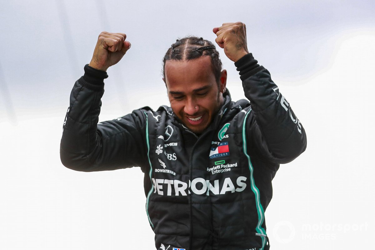 Lewis Hamilton, Mercedes-AMG F1, 1st position, celebrates in Parc Ferme after securing his seventh world championship