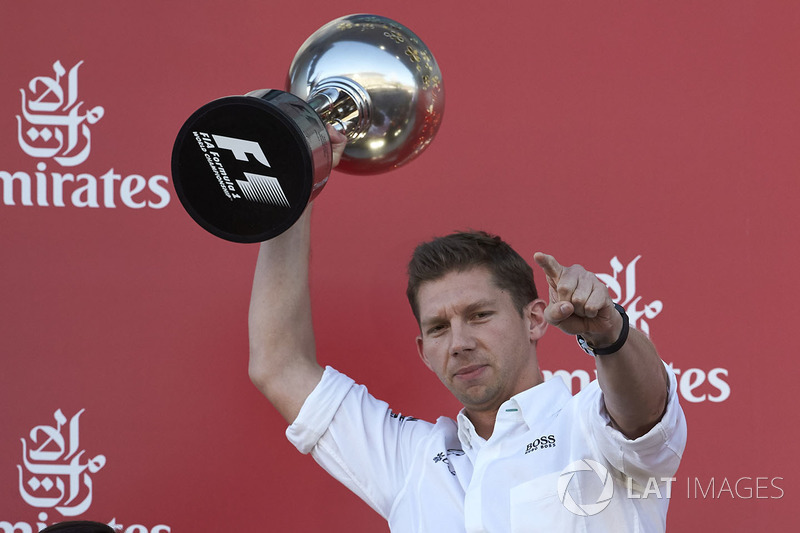 James Vowles, Chief Strategist, Mercedes AMG F1, receives the constructors trophy for Mercedes