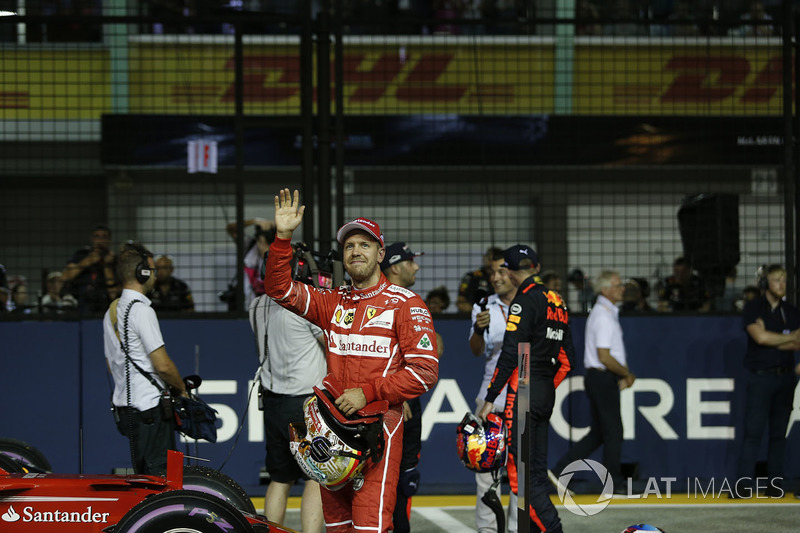 Pole sitter Sebastian Vettel, Ferrari celebrates in parc ferme