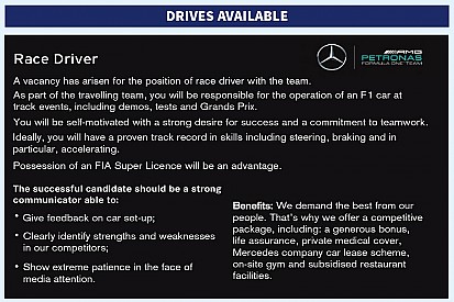 Mercedes plaatst vacature voor nieuwe coureur in Autosport Magazine