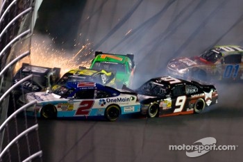 Last lap crash exiting turn 4: Danica Patrick, JR Motorsport Chevrolet and Aric Almirola, JR Motorsport Chevrolet, Mike Wallace, Davis Chevrolet, Steve Wallace, Rusty Wallace Toyota, Elliott Sadler, Kevin Harvick Inc. Chevrolet, Tony Stewart, Kevin Harvic