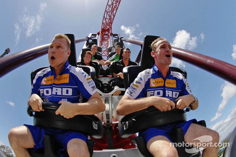 Will Davison and Mika Salo on a rollercoaster at Dreamworld