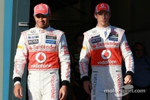 Pole winner Lewis Hamilton, McLaren Mercedes, second place Jenson Button, McLaren Mercedes
