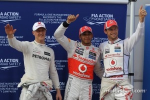 Qualifying results, Mercedes GP, pole position man 1st Lewis Hamilton, McLaren Mercedes Mercedes and 2nd place Jenson Button, McLaren Mercedes Mercedes
