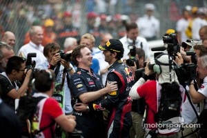 Christian Horner, Red Bull Racing Team Principal celebrates with race winner Mark Webber, Red Bull Racing in parc ferme