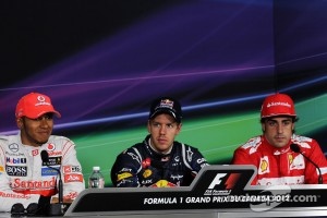 The post qualifying FIA Press Conference, Lewis Hamilton, McLaren Mercedes, second; Sebastian Vettel, Red Bull Racing, pole position; Fernando Alonso, Scuderia Ferrari, third