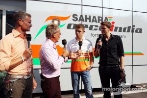 Paul di Resta, Sahara Force India F1 with, Red Bull Racing and Scuderia Toro Advisor / BBC Television Commentator; Eddie Jordan, BBC Television Pundit and Jake Humphrey, BBC Television Presenter