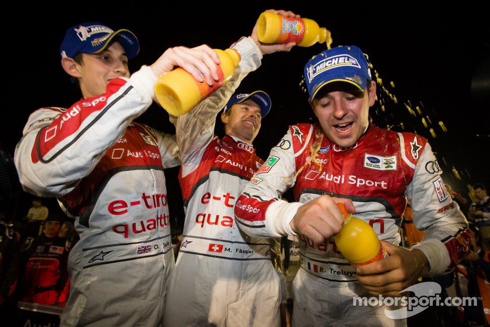 Race winners Oliver Jarvis, Marcel Fässler, Benoit Tréluyer celebrate