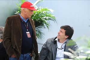 (L to R): Niki Lauda, Mercedes Non-Executive Chairman with Toto Wolff, Mercedes AMG F1 Shareholder and Executive Director