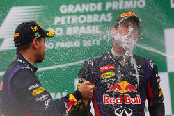 Race winner Sebastian Vettel, Red Bull Racing celebrates on the podium with team mate Mark Webber, Red Bull Racing