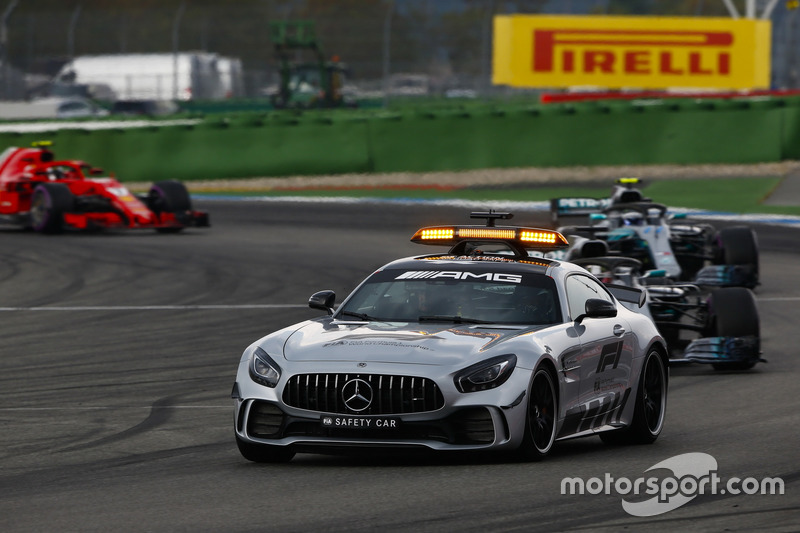 The Safety Car leads Lewis Hamilton, Mercedes AMG F1 W09, Valtteri Bottas, Mercedes AMG F1 W09, and Kimi Raikkonen, Ferrari SF71H