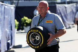 A Pirelli engineer with a tyre