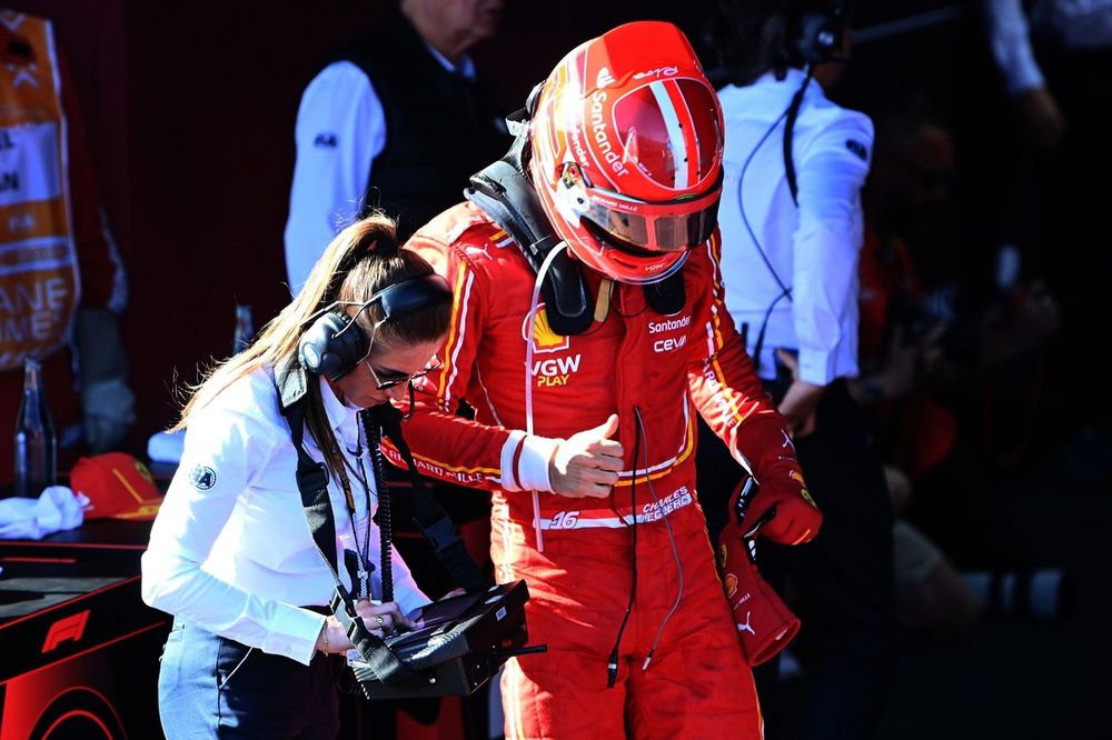Charles Leclerc, Ferrari, is weighed in Parc Ferme