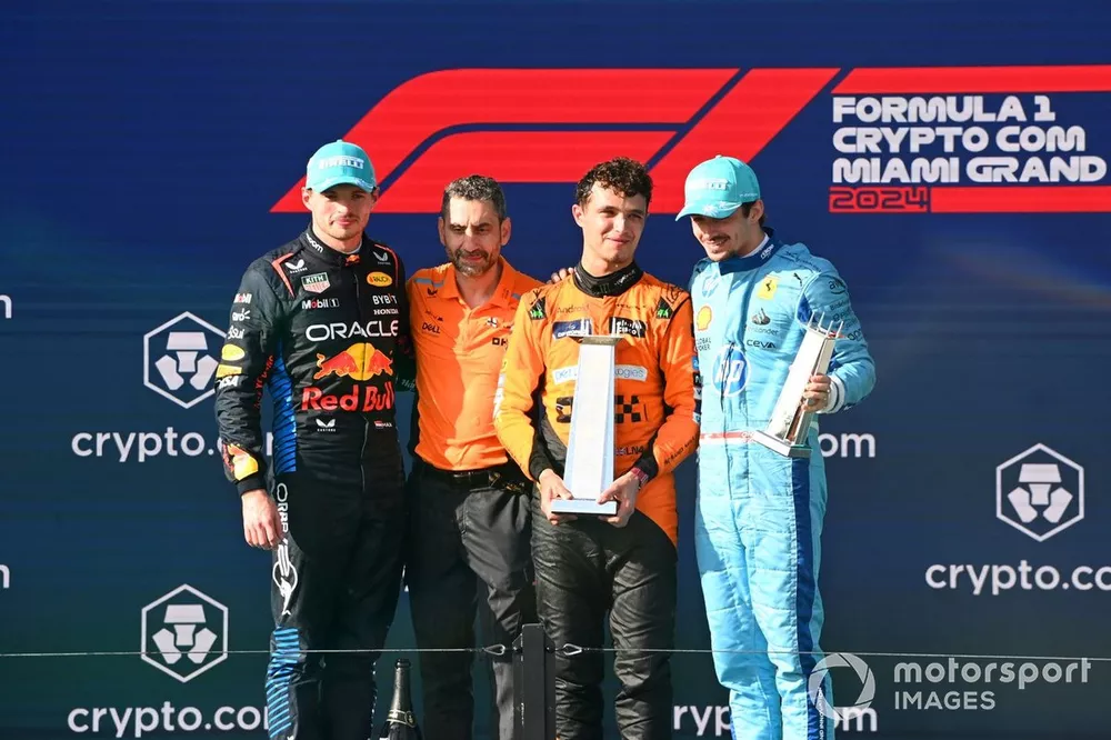 Max Verstappen, Red Bull Racing, 2nd position,rea Stella, Team Principal, McLaren F1 Team, Lando Norris, McLaren F1 Team, 1st position, Charles Leclerc, Scuderia Ferrari, 3rd position, on the podium