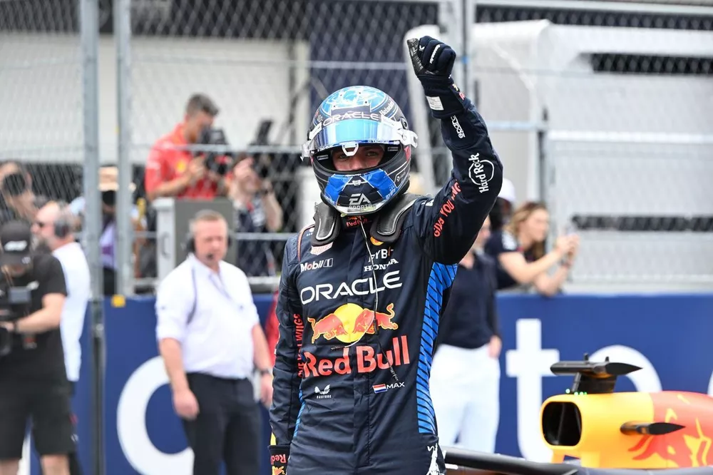 Sprint Winner Max Verstappen, Red Bull Racing, celebrates in Parc Ferme 