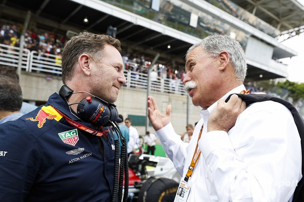 Christian Horner, Teambaas, Red Bull Racing, met Chase Carey, voorzitter Formule 1