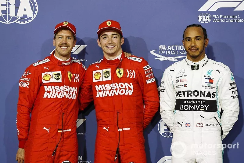 Sebastian Vettel, Ferrari, Charles Leclerc, Ferrari and Lewis Hamilton, Mercedes AMG F1 celebrate in parc erme