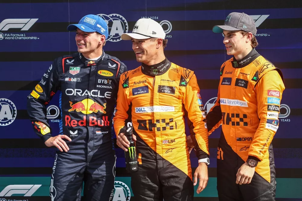 Top three Qualifiers Max Verstappen, Red Bull Racing, pole man Lando Norris, McLaren F1 Team, Oscar Piastri, McLaren F1 Team