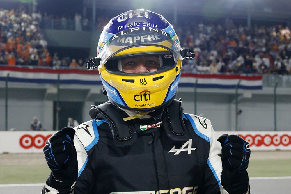 Fernando Alonso, Alpine F1, 3rd position, celebrates on arrival in Parc Ferme