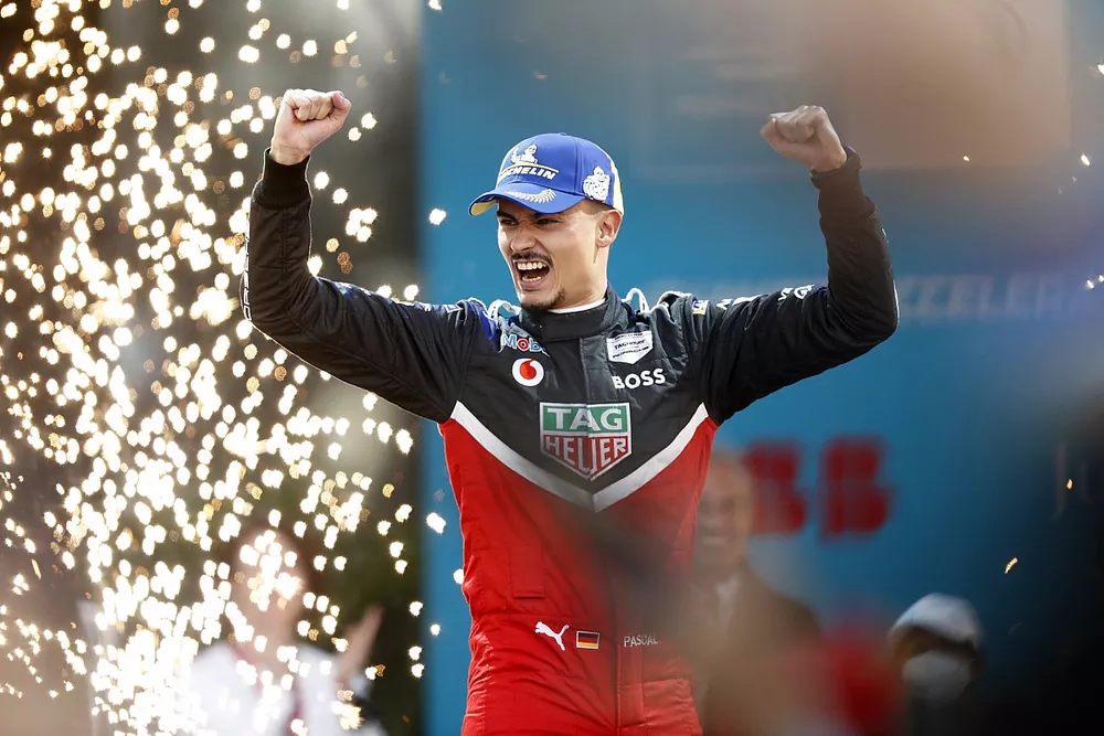 Pascal Wehrlein, Porsche, 1st position, celebrates victory on the podium