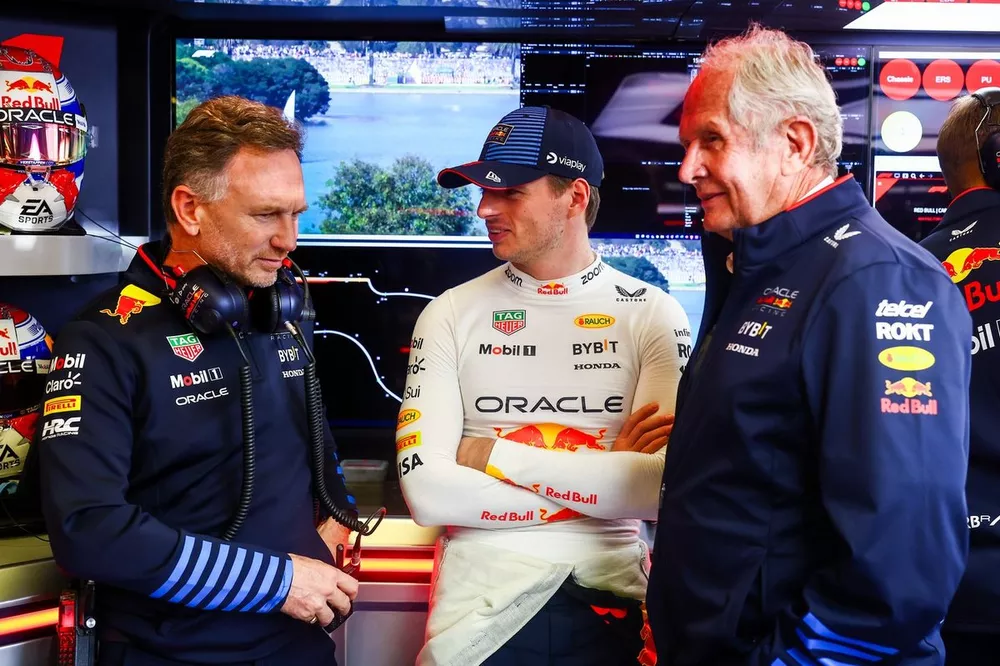 Red Bull Racing Team Principal Christian Horner, Max Verstappen, Red Bull Racing, Red Bull Racing, Red Bull Racing Team Consultant Dr Helmut Marko