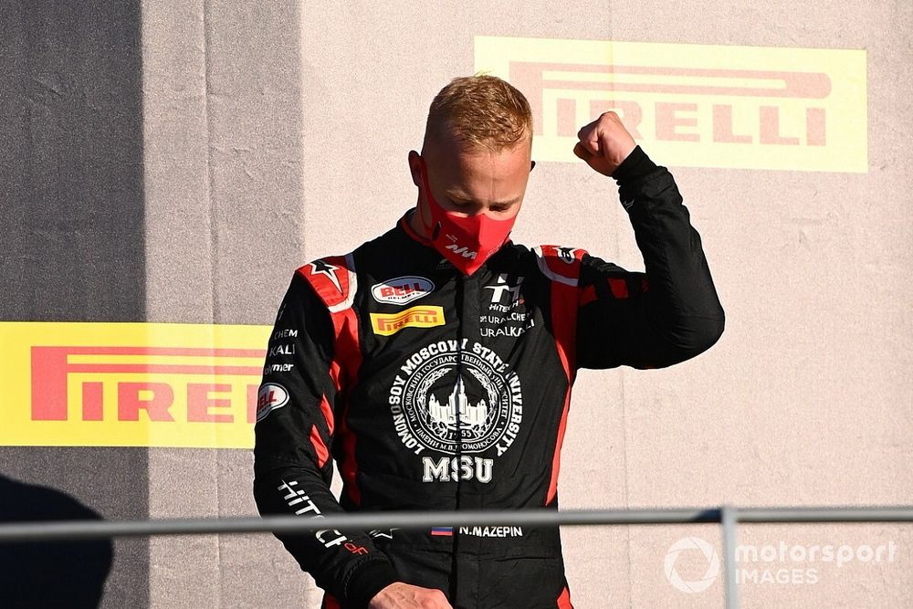 Nikita Mazepin, Hitech Grand Prix, celebrates on the podium