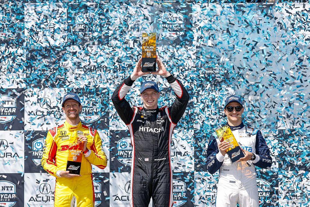 Podio: ganador Josef Newgarden, Team Penske Chevrolet, segundo lugar Romain Grosjean, Andretti Autosport Honda, tercer lugar Alex Palou, Chip Ganassi Racing Honda