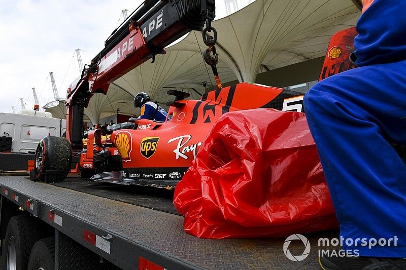 El monoplaza dañado de Sebastian Vettel, Ferrari SF90