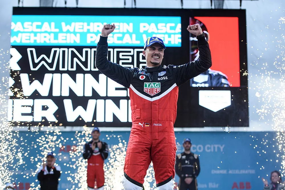 Pascal Wehrlein, Porsche, 1st position, celebrates on the podium