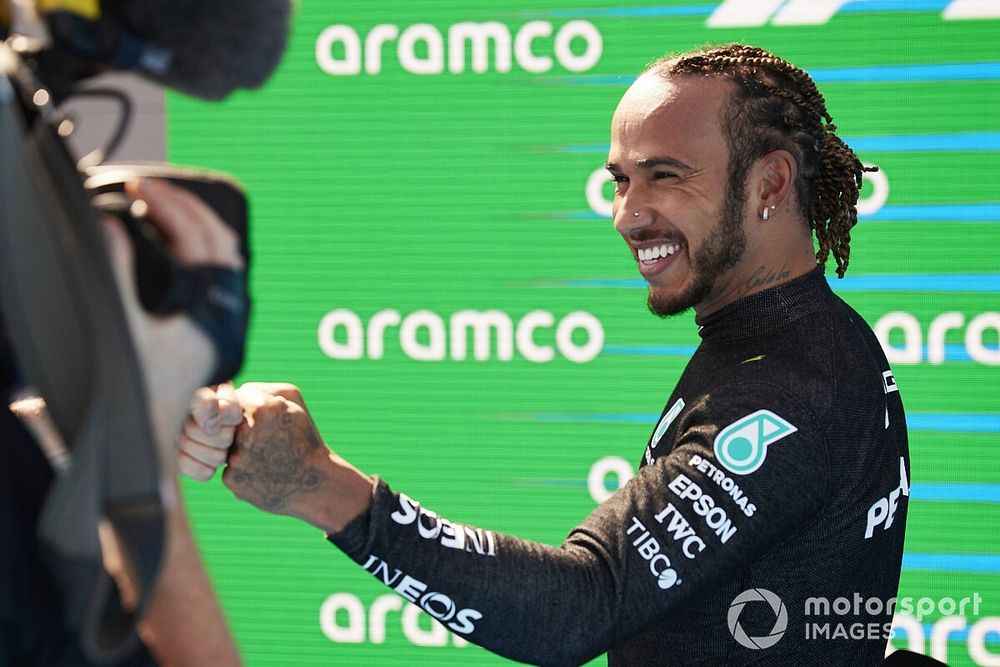 Lewis Hamilton, Mercedes, in Parc Ferme after securing his 100th F1 pole position