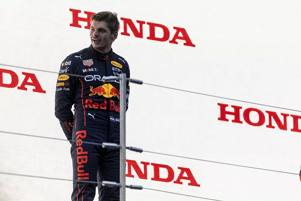 Max Verstappen, Red Bull Racing, 1st position, on the podium