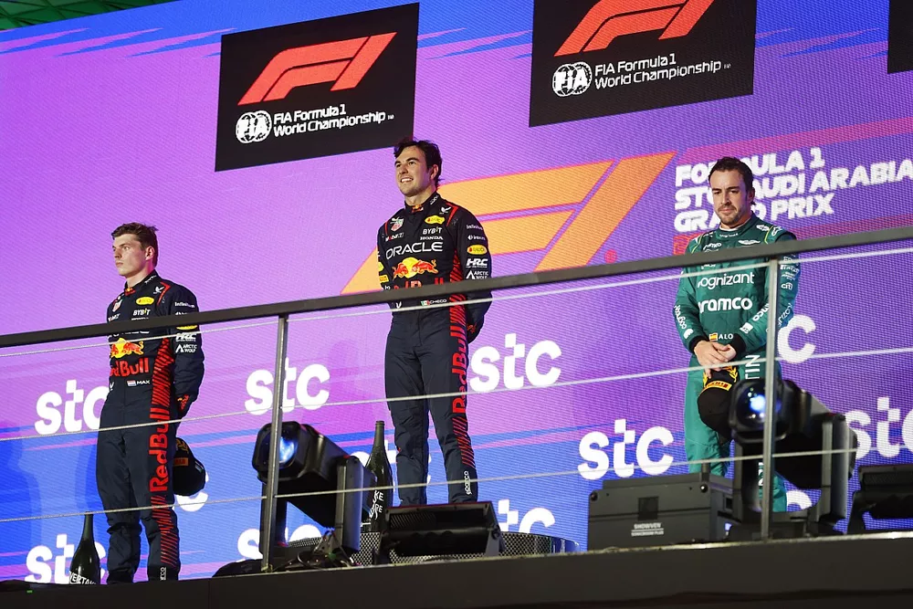 Max Verstappen, Red Bull Racing, 2nd position, Sergio Perez, Red Bull Racing, 1st position, Fernando Alonso, Aston Martin F1 Team, provisionally 3rd position