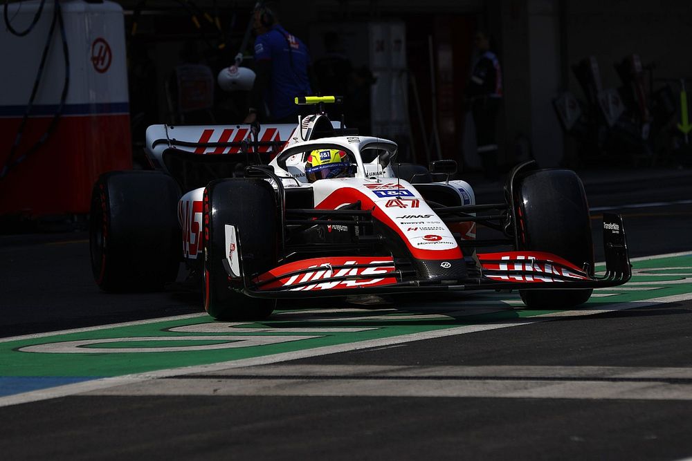 Mick Schumacher, Haas VF-22, leaves the garage