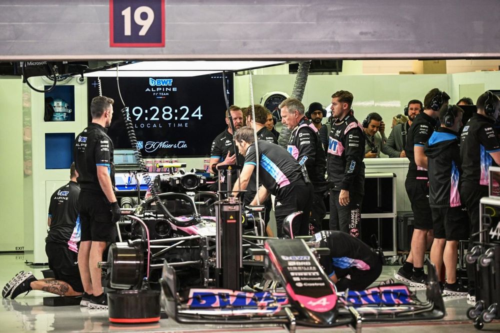 Mechanics of the Alpine F1 Team work on the car of Pierre Gasly, Alpine A524 