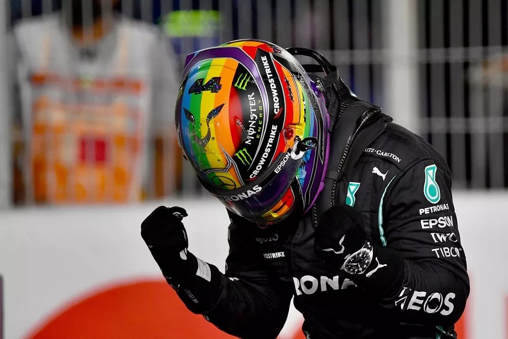 Pole man Lewis Hamilton, Mercedes, celebrates after Qualifying
