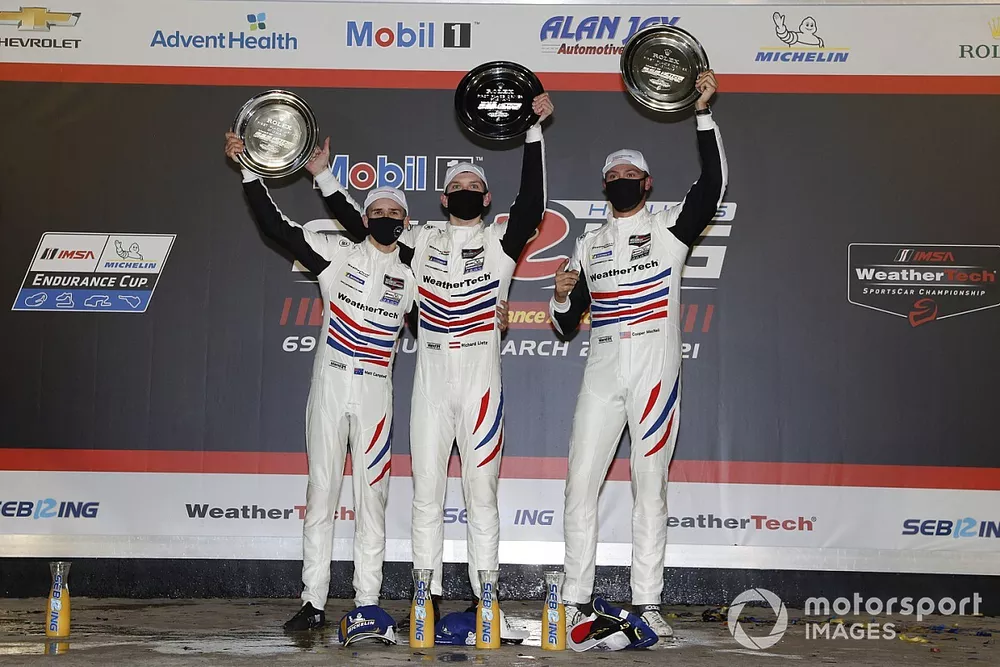 #79 WeatherTech Racing Porsche 911 RSR - 19, GTLM: Mathieu Jaminet, Matt Campbell, Cooper MacNeil on the podium