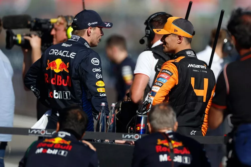 Pole man Max Verstappen, Red Bull Racing, Lando Norris, McLaren F1 Team, talk in Parc Ferme after Qualifying